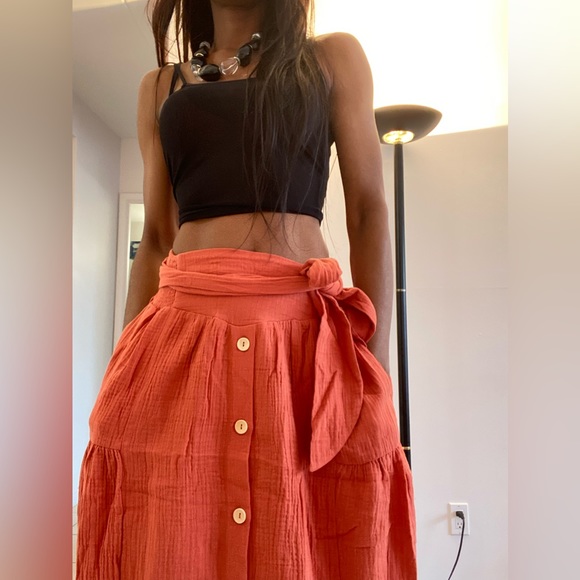 NWT High waist Button Down Cotton Maxi Skirt with Sash waist tie in Rust - Picture 6 of 8